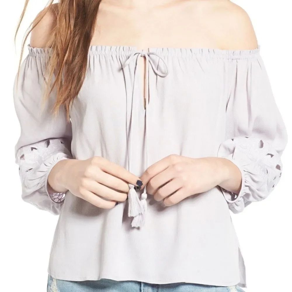 ASTR the Label Off the Shoulder Embroidered Top